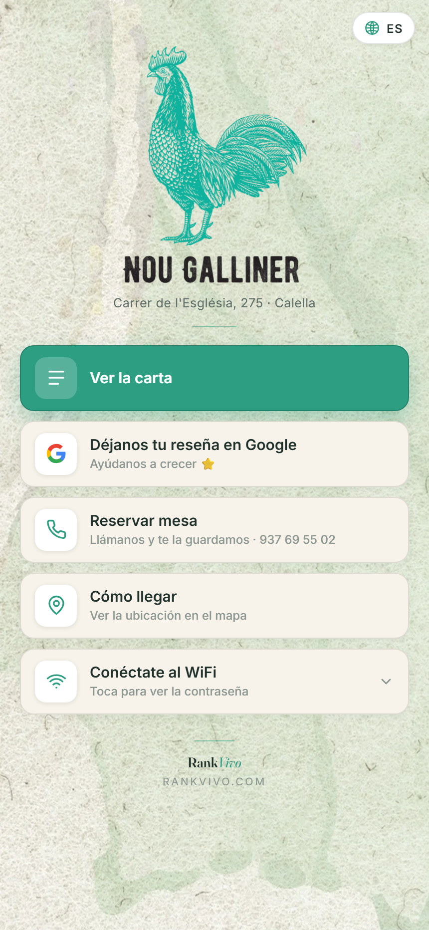 El Hub de Nou Galliner: ver la carta, dejar reseña en Google, reservar mesa y cómo llegar, todo en una pantalla.